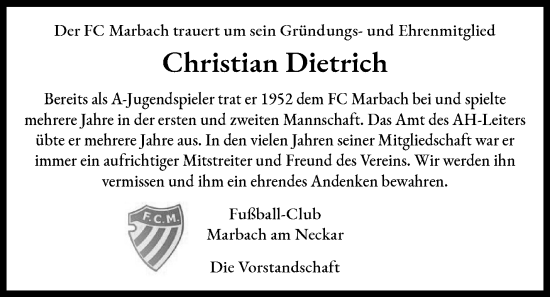 Traueranzeige von Christian Dietrich von Marbacher Zeitung
