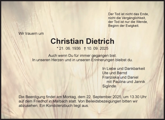 Traueranzeige von Christian Dietrich von Marbacher Zeitung