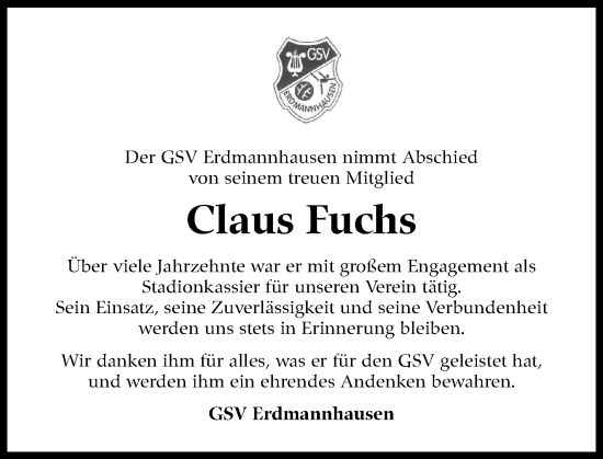 Traueranzeige von Claus Fuchs von Marbacher Zeitung