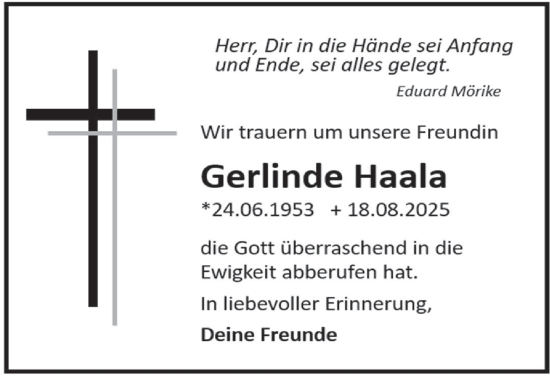 Traueranzeige von Gerlinde Haala von Marbacher Zeitung