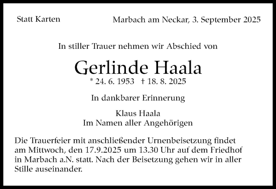 Traueranzeige von Gerlinde Haala von Marbacher Zeitung