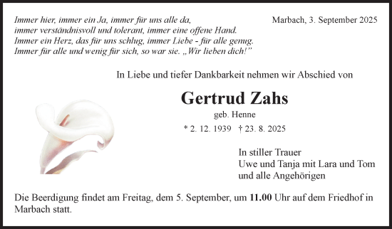 Traueranzeige von Gertrud Zahs von Marbacher Zeitung