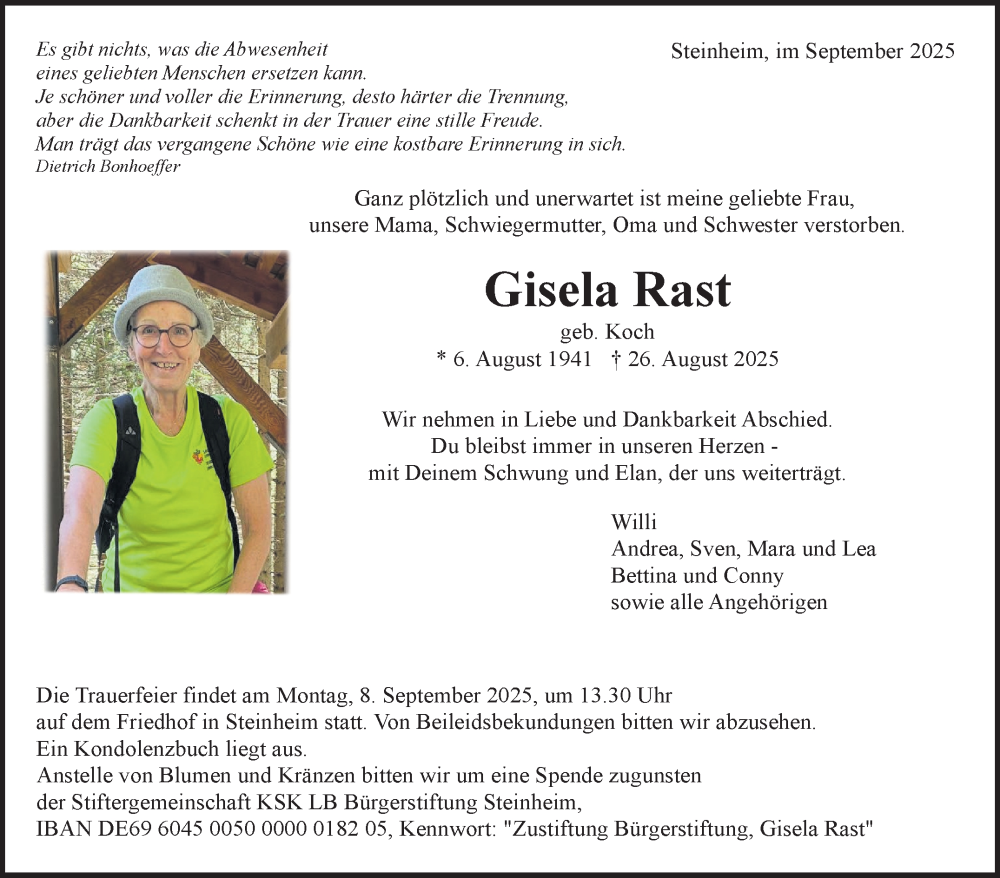 Traueranzeige für Gisela Rast vom 04.09.2025 aus Marbacher Zeitung