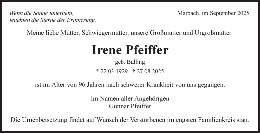  Traueranzeige für Irene Pfeiffer vom 05.09.2025 aus Marbacher Zeitung