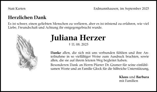 Traueranzeige von Juliana Herzer von Marbacher Zeitung