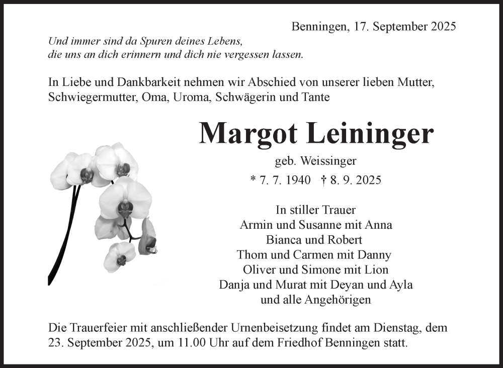  Traueranzeige für Margot Leininger vom 17.09.2025 aus Marbacher Zeitung