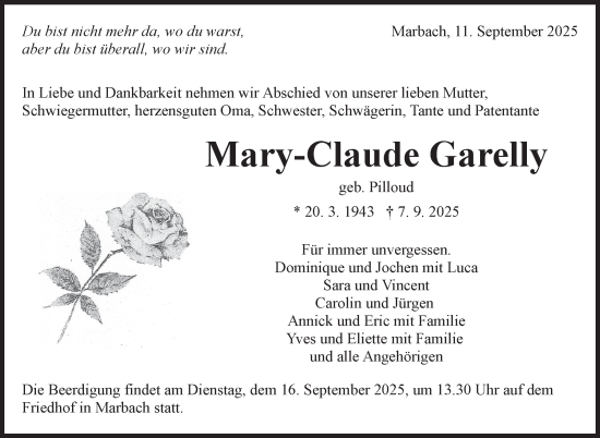 Traueranzeige von Mary-Claude Garelly von Marbacher Zeitung