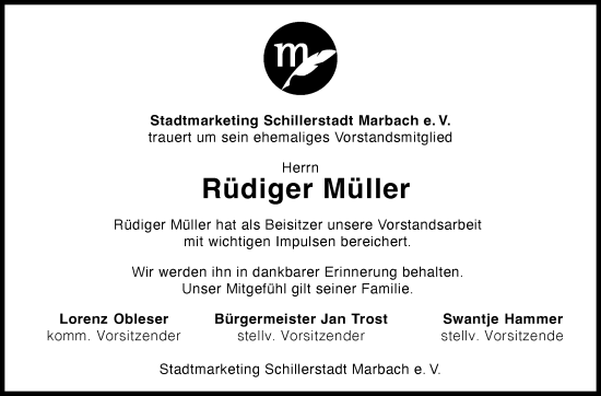Traueranzeige von Rüdiger Müller von Marbacher Zeitung
