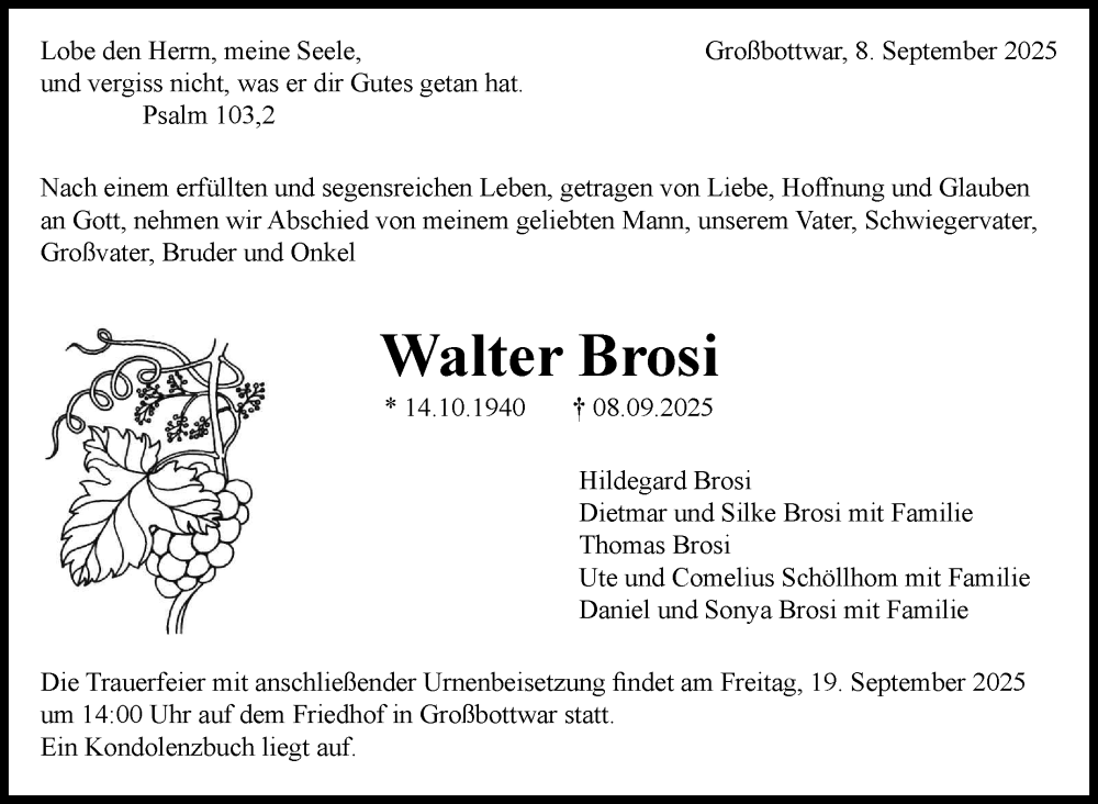  Traueranzeige für Walter Brosi vom 12.09.2025 aus Marbacher Zeitung