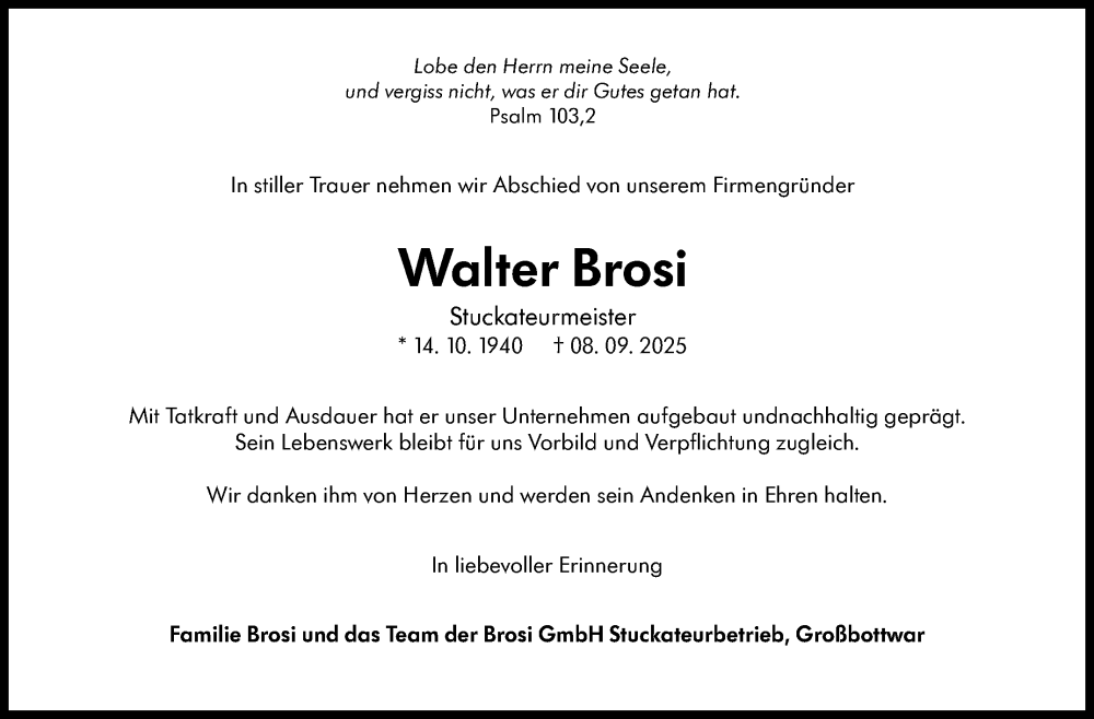 Traueranzeige für Walter Brosi vom 12.09.2025 aus Marbacher Zeitung
