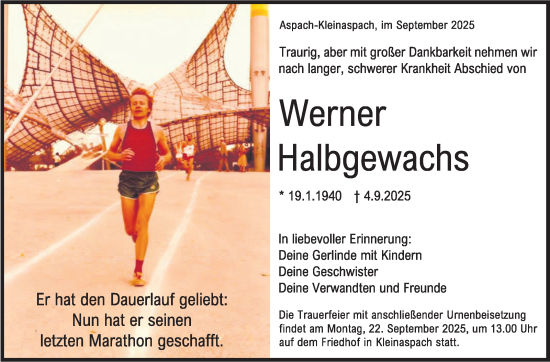 Traueranzeige von Werner Halbgewachs von Marbacher Zeitung