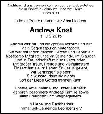 Traueranzeige von Andrea Kost von Leonberger Kreiszeitung / Strohgäu Extra