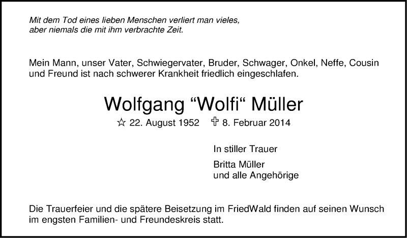  Traueranzeige für Wolfgang Müller vom 11.02.2014 aus Leonberger Kreiszeitung / Strohgäu Extra