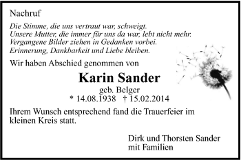 Traueranzeige von Karin Sander von Leonberger Kreiszeitung / Strohgäu Extra