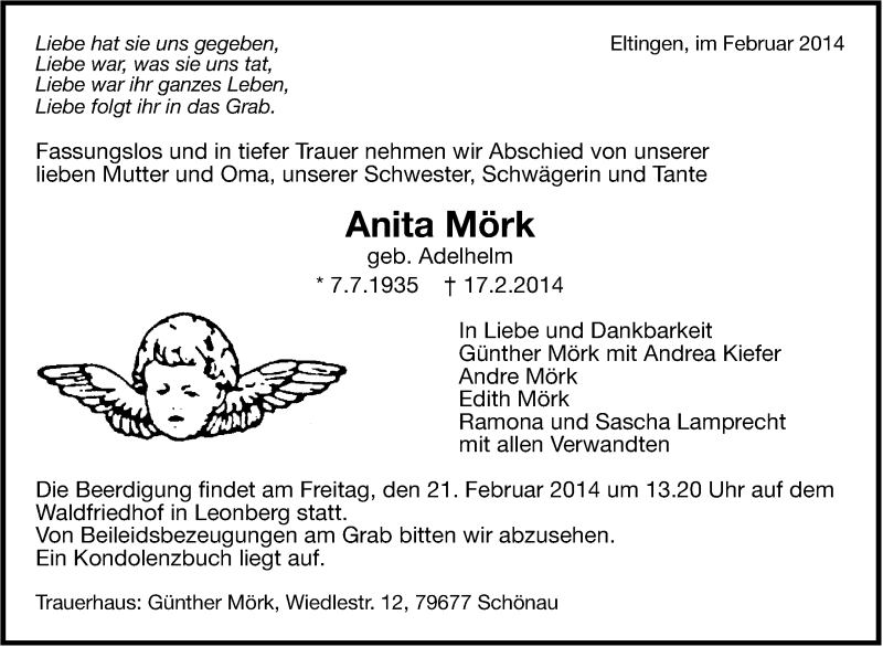  Traueranzeige für Anita Mörk vom 19.02.2014 aus Leonberger Kreiszeitung / Strohgäu Extra