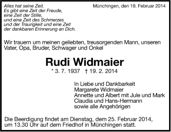 Traueranzeige von Rudi Widmaier von Leonberger Kreiszeitung / Strohgäu Extra