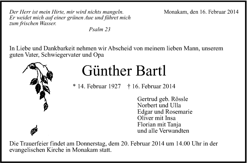  Traueranzeige für Günther Bartl vom 19.02.2014 aus Leonberger Kreiszeitung / Strohgäu Extra