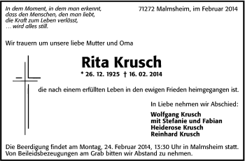 Traueranzeige von Rita Krusch von Leonberger Kreiszeitung / Strohgäu Extra