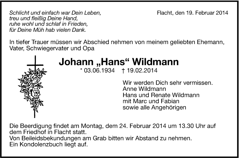  Traueranzeige für Johann  Wildmann vom 21.02.2014 aus Leonberger Kreiszeitung / Strohgäu Extra