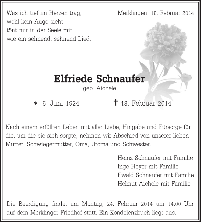 Traueranzeige für Elfriede Schnaufer vom 21.02.2014 aus Leonberger Kreiszeitung / Strohgäu Extra