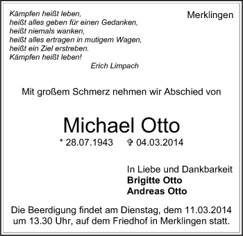 Traueranzeige von Michael Otto von Leonberger Kreiszeitung / Strohgäu Extra