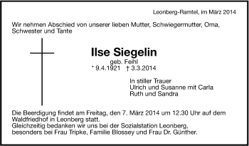 Traueranzeige von Ilse Siegelin von Leonberger Kreiszeitung / Strohgäu Extra