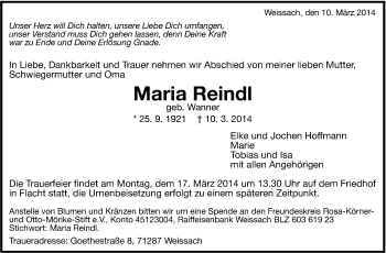 Traueranzeige von Maria Reindl von Leonberger Kreiszeitung / Strohgäu Extra