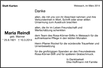 Traueranzeige von Maria Reindl von Leonberger Kreiszeitung / Strohgäu Extra