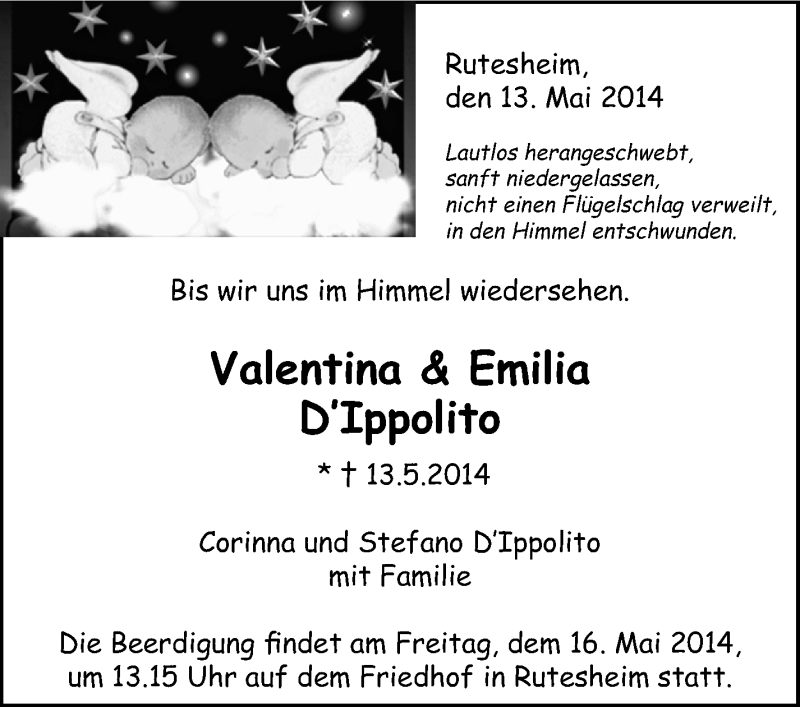 Traueranzeige für Valentina und Emilia  D'Ippolito vom 15.05.2014 aus Leonberger Kreiszeitung / Strohgäu Extra