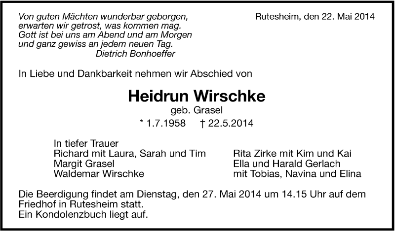  Traueranzeige für Heidrun Wirschke vom 24.05.2014 aus Leonberger Kreiszeitung / Strohgäu Extra