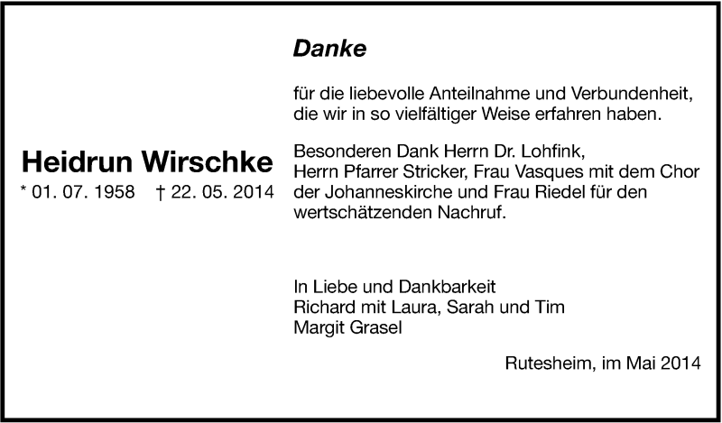  Traueranzeige für Heidrun Wirschke vom 31.05.2014 aus Leonberger Kreiszeitung / Strohgäu Extra