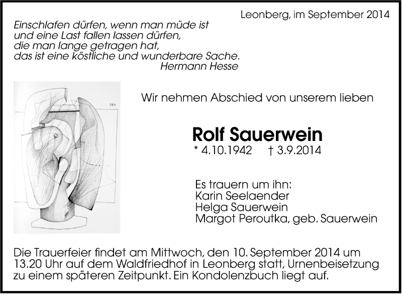  Traueranzeige für Rolf Sauerwein vom 06.09.2014 aus Leonberger Kreiszeitung / Strohgäu Extra