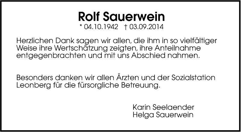  Traueranzeige für Rolf Sauerwein vom 27.09.2014 aus Leonberger Kreiszeitung / Strohgäu Extra