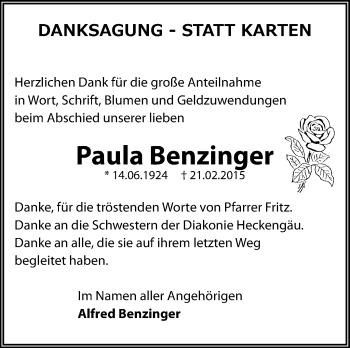 Traueranzeige von Paula Benzinger von Leonberger Kreiszeitung / Strohgäu Extra