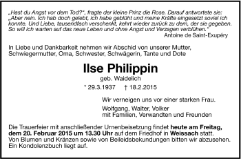 Traueranzeige von Ilse Philippin von Leonberger Kreiszeitung / Strohgäu Extra
