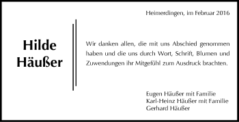 Traueranzeige von Hildegard Häußer von Leonberger Kreiszeitung / Strohgäu Extra