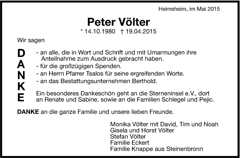  Traueranzeige für Peter Völter vom 06.05.2015 aus Leonberger Kreiszeitung / Strohgäu Extra