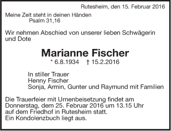 Traueranzeige von Marianne Fischer von Leonberger Kreiszeitung / Strohgäu Extra