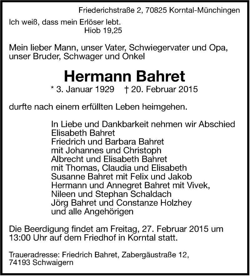  Traueranzeige für Hermann Bahret vom 24.02.2015 aus Leonberger Kreiszeitung / Strohgäu Extra