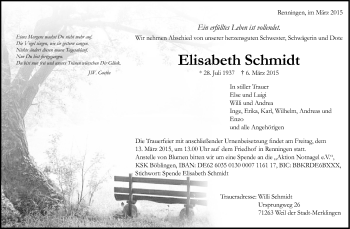 Traueranzeige von Elisabeth Schmidt von Leonberger Kreiszeitung / Strohgäu Extra