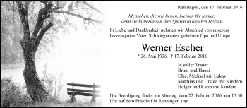 Traueranzeige von Werner Escher von Leonberger Kreiszeitung / Strohgäu Extra