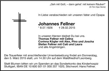 Traueranzeige von Johannes Fellner von Leonberger Kreiszeitung / Strohgäu Extra