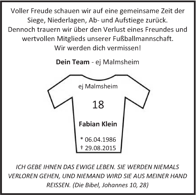  Traueranzeige für Fabian Klein vom 03.09.2015 aus Leonberger Kreiszeitung / Strohgäu Extra