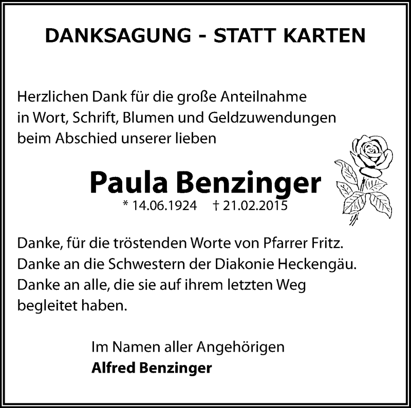  Traueranzeige für Paula Benzinger vom 05.03.2015 aus Leonberger Kreiszeitung / Strohgäu Extra