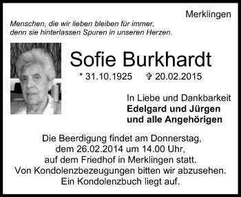 Traueranzeige von Sofie Burkhardt von Leonberger Kreiszeitung / Strohgäu Extra