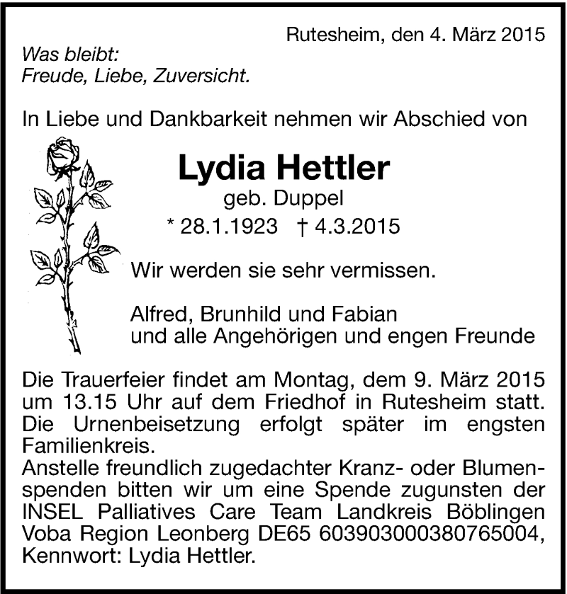  Traueranzeige für Lydia Hettler vom 06.03.2015 aus Leonberger Kreiszeitung / Strohgäu Extra