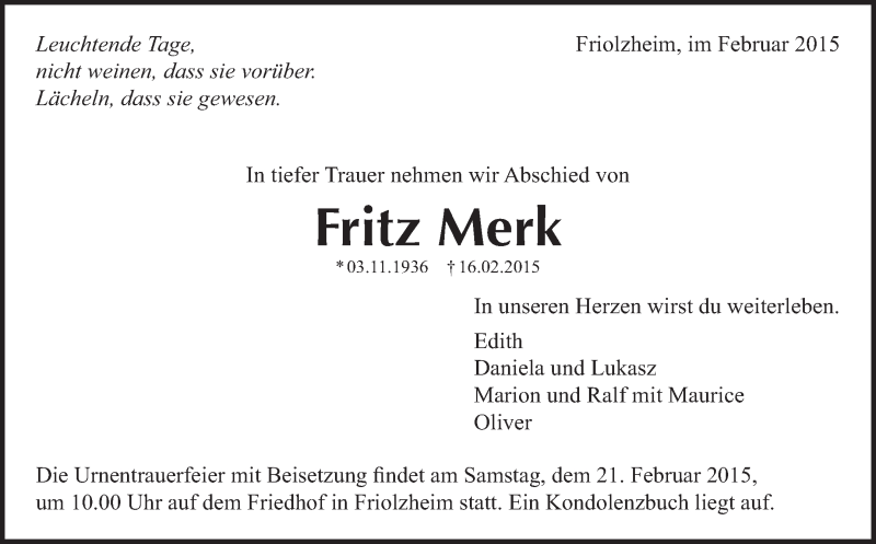  Traueranzeige für Fritz Merk vom 18.02.2015 aus Leonberger Kreiszeitung / Strohgäu Extra