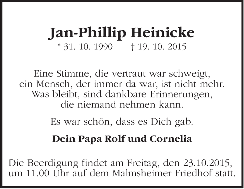  Traueranzeige für Jan-Phillip Heinicke vom 22.10.2015 aus Leonberger Kreiszeitung / Strohgäu Extra