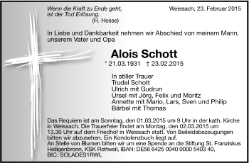 Traueranzeige von Alois Schott von Leonberger Kreiszeitung / Strohgäu Extra