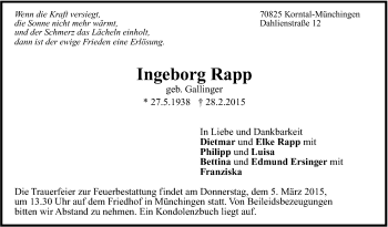 Traueranzeige von Ingeborg Rapp von Leonberger Kreiszeitung / Strohgäu Extra